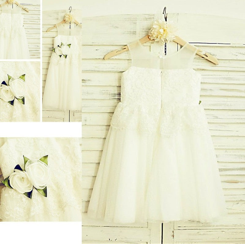 Hand-made A-line/Princess Straps Sleeveless Flower Tea-Length Tulle Flower Girl Dresses