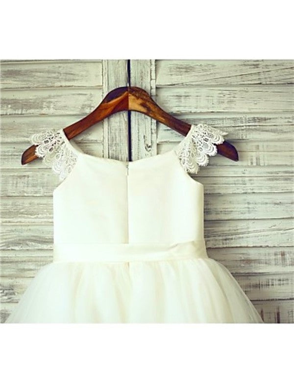 A-line/Princess Sash/Ribbon/Belt Knee-Length Scoop Sleeveless Tulle Flower Girl Dresses