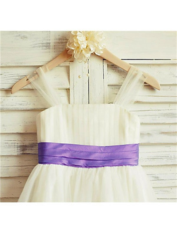 Tulle Ruffles Tea-Length Sleeveless A-line/Princess Straps Flower Girl Dresses