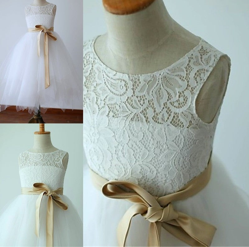 Tea-Length Tulle Sash/Ribbon/Belt Sleeveless Scoop A-line/Princess Flower Girl Dresses