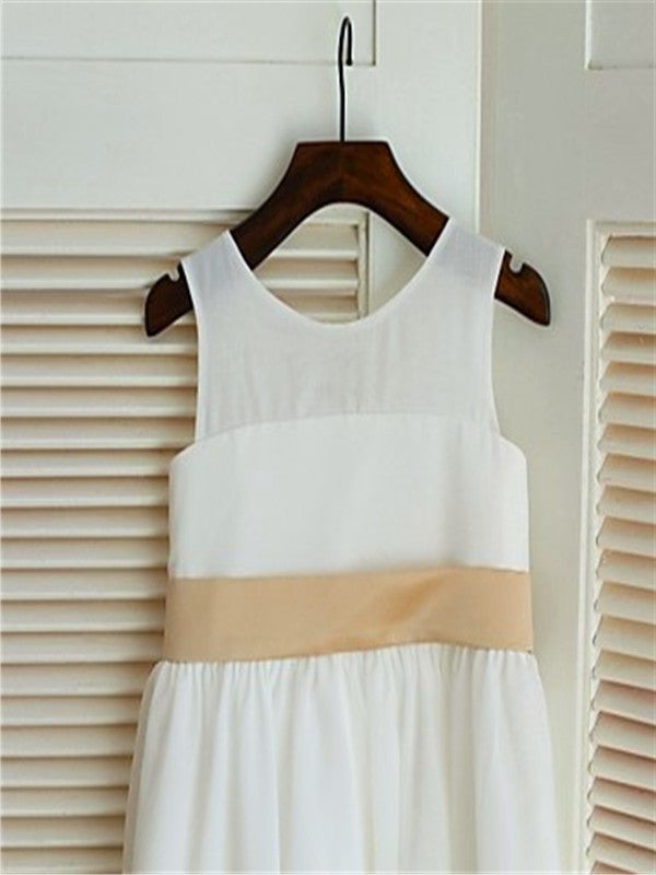 A-line/Princess Bowknot Scoop Tea-Length Sleeveless Chiffon Flower Girl Dresses