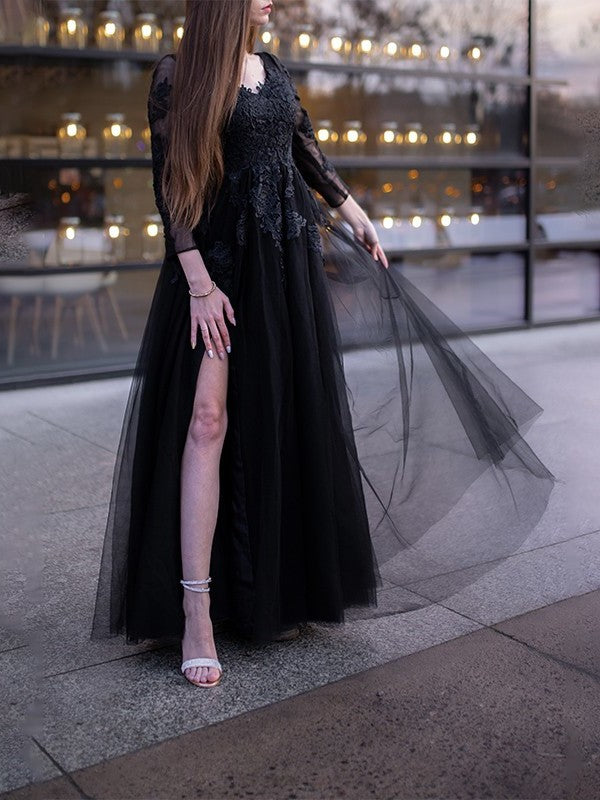 Applique Ball Sleeves Tulle Gown Long Off-the-Shoulder Floor-Length Dresses