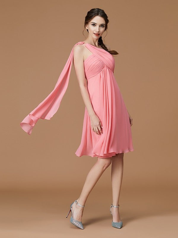 Sleeveless Ruched Short/Mini A-Line/Princess One-Shoulder Chiffon Bridesmaid Dresses