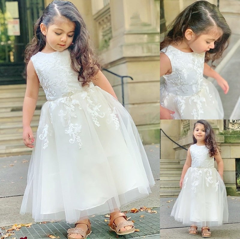 Ankle-Length Scoop Tulle A-Line/Princess Sleeveless Lace Flower Girl Dresses