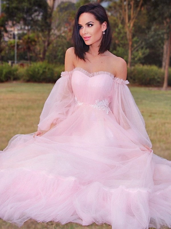 Long Sleeves Tulle A-Line/Princess Floor-Length Applique Off-the-Shoulder Dresses