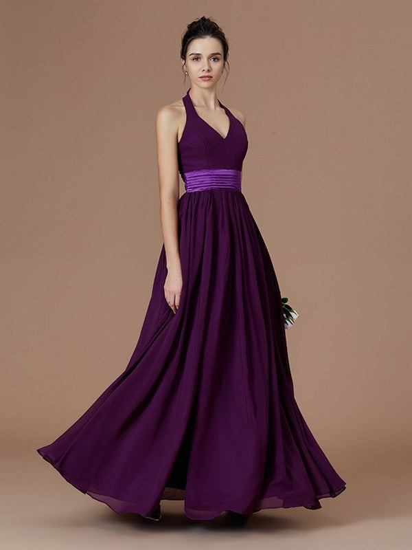 Floor-Length Sleeveless Halter A-Line/Princess Sash/Ribbon/Belt Chiffon Bridesmaid Dresses