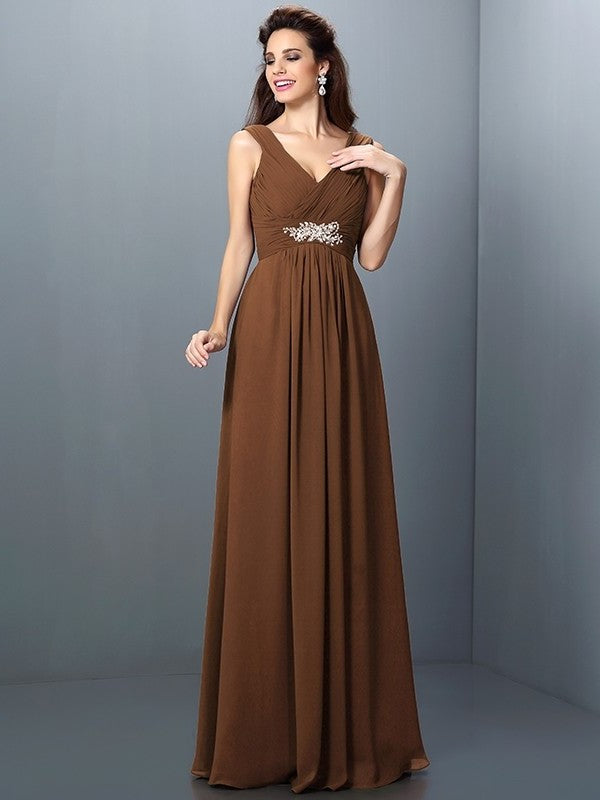 Long Beading A-Line/Princess Sleeveless Pleats V-neck Chiffon Bridesmaid Dresses