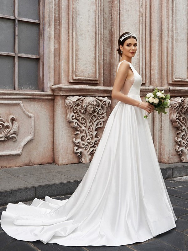 Sweep/Brush Ruffles Sleeveless A-Line/Princess Satin Scoop Train Wedding Dresses