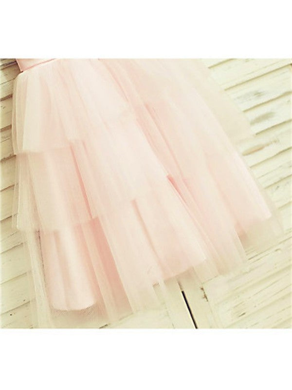 Tulle Hand-made Tea-Length A-line/Princess Sleeveless Flower Scoop Flower Girl Dresses