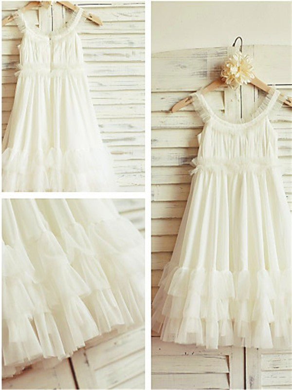 Chiffon Ruffles Sleeveless A-line/Princess Tea-Length Straps Flower Girl Dresses