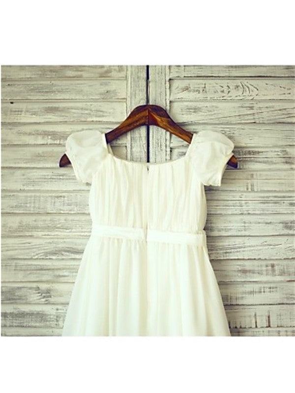 Chiffon A-line/Princess Tea-Length Ruched Short Square Sleeves Flower Girl Dresses