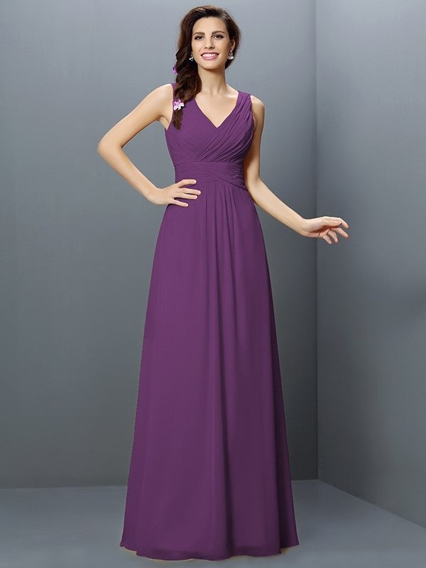 V-neck Long Sleeveless A-Line/Princess Pleats Chiffon Bridesmaid Dresses