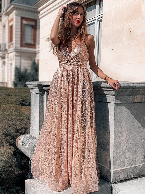 Straps Spaghetti Sequins A-Line/Princess Sleeveless Ruched Floor-Length Dresses