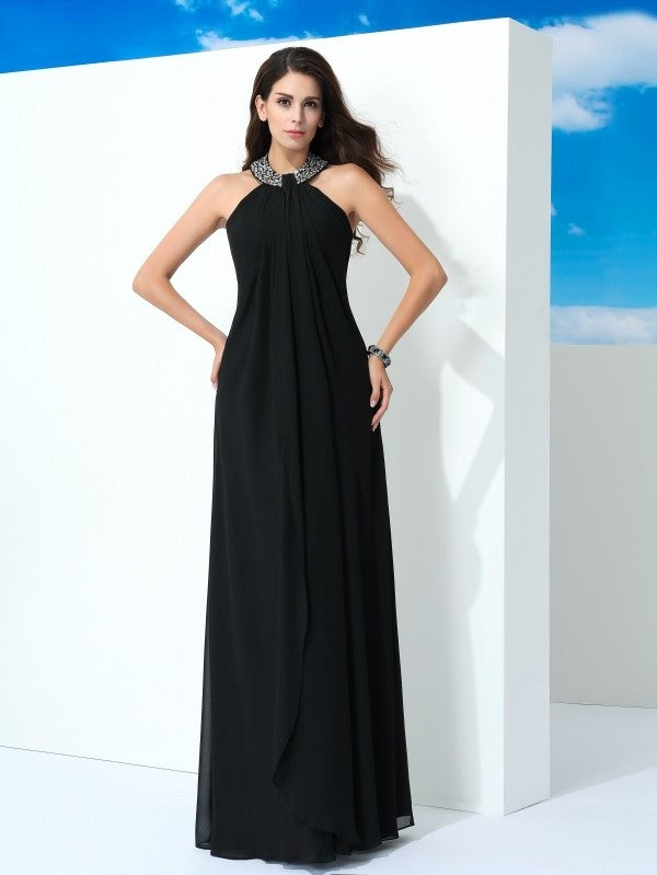 Sleeveless Beading A-Line/Princess Halter Long Chiffon Dresses