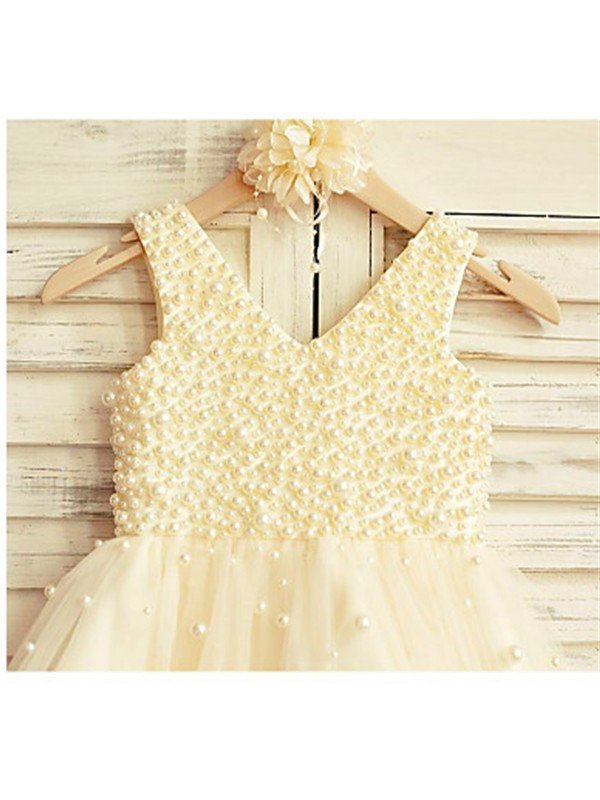 A-line/Princess Sleeveless V-neck Pearls Tea-Length Tulle Flower Girl Dresses