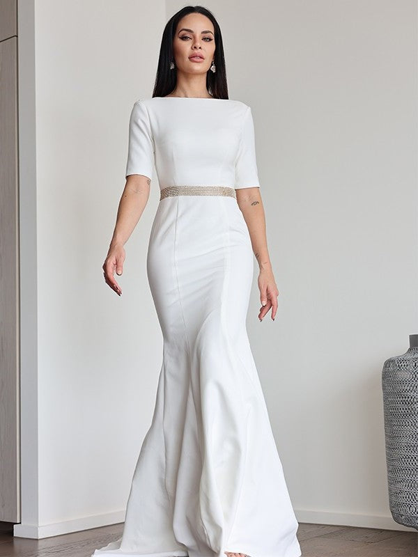 1/2 Stretch Sheath/Column Sweep/Brush Ruched Scoop Sleeves Crepe Train Wedding Dresses