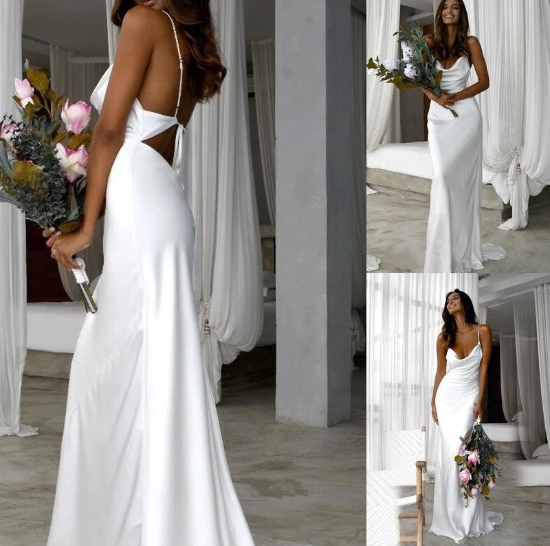 Spaghetti Train Satin Sweep/Brush like Sheath/Column Silk Straps Ruched Sleeveless Wedding Dresses