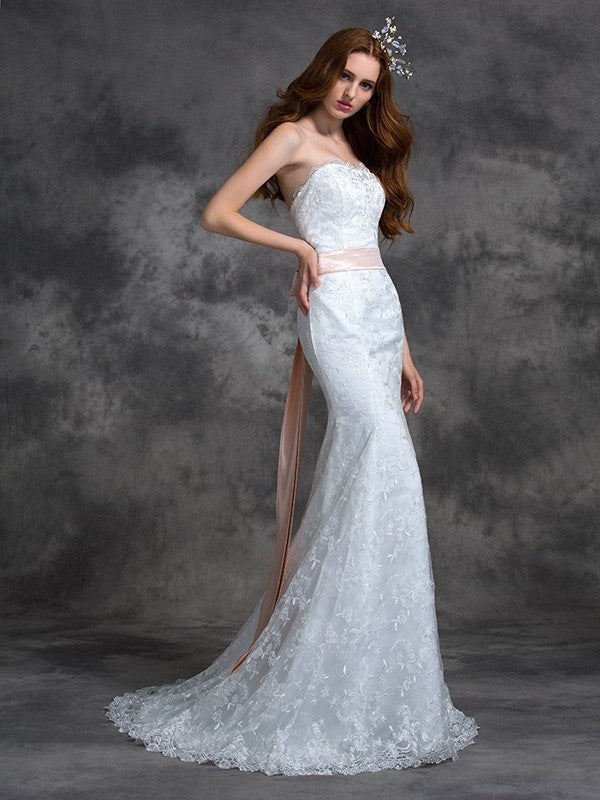 Trumpet/Mermaid Sash/Ribbon/Belt Long Sleeveless Strapless Lace Wedding Dresses