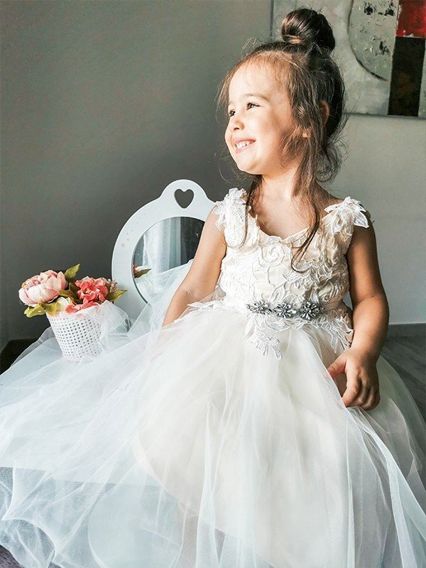 Sleeveless V-neck Lace Ankle-Length Tulle A-Line/Princess Flower Girl Dresses