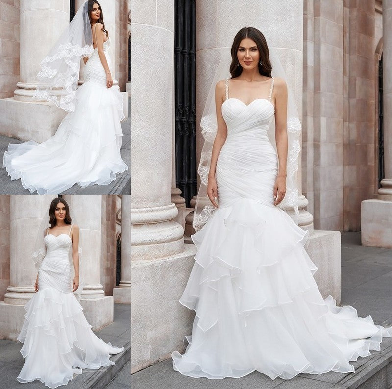 Straps Trumpet/Mermaid Sleeveless Layers Spaghetti Organza Sweep/Brush Train Wedding Dresses