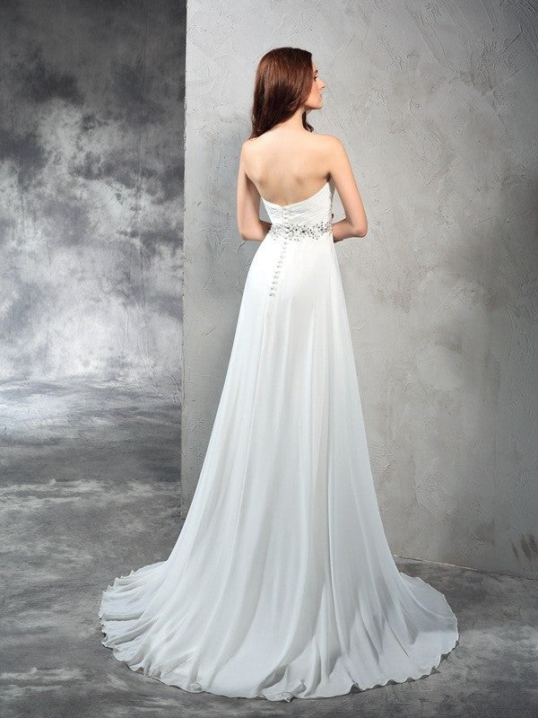 Sweetheart Long Pleats Sleeveless A-Line/Princess Chiffon Wedding Dresses