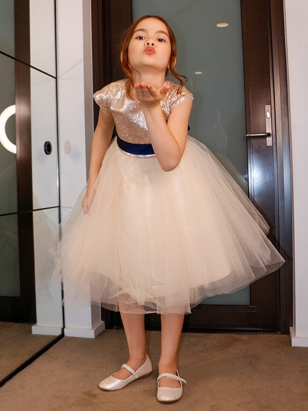 Short Sash/Ribbon/Belt Knee-Length Scoop A-Line/Princess Sleeves Tulle Flower Girl Dresses