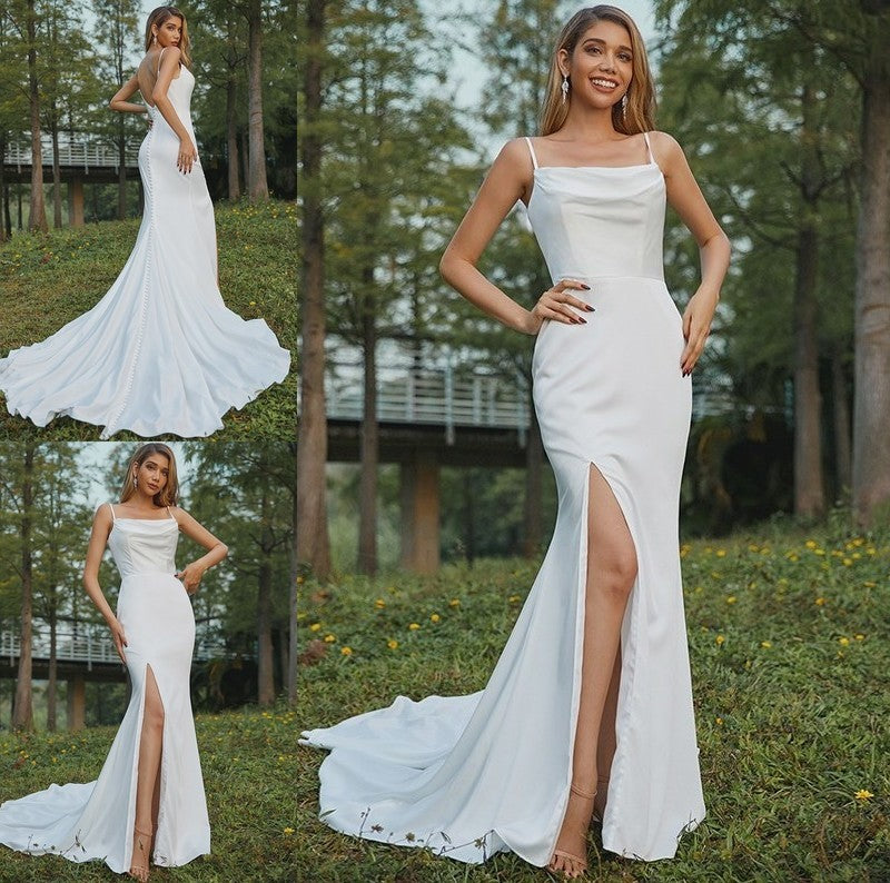 Charmeuse Spaghetti Sweep/Brush Straps Sheath/Column Ruched Sleeveless Train Wedding Dresses