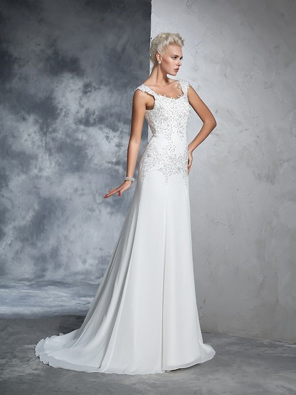 Sleeveless Beading A-Line/Princess Straps Long Chiffon Wedding Dresses