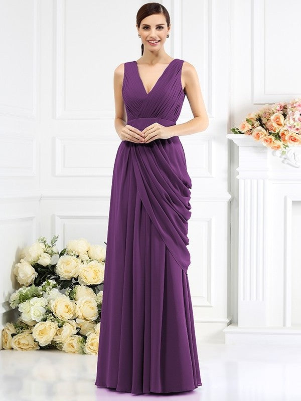 Pleats Sleeveless V-neck A-Line/Princess Long Chiffon Bridesmaid Dresses