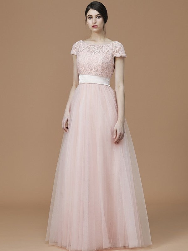 Sleeves Sash/Ribbon/Belt Short A-Line/Princess Bateau Floor-Length Tulle Bridesmaid Dresses