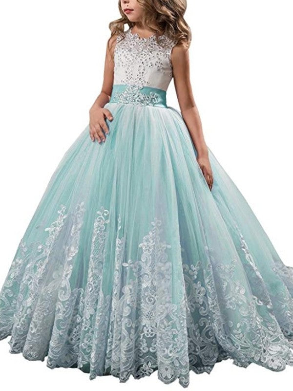 Gown Jewel Train Tulle Sleeveless Ball Lace Sweep/Brush Flower Girl Dresses