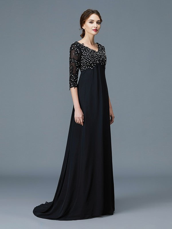 V-neck of Beading 1/2 Floor-Length Chiffon Sleeves A-Line/Princess Mother the Bride Dresses