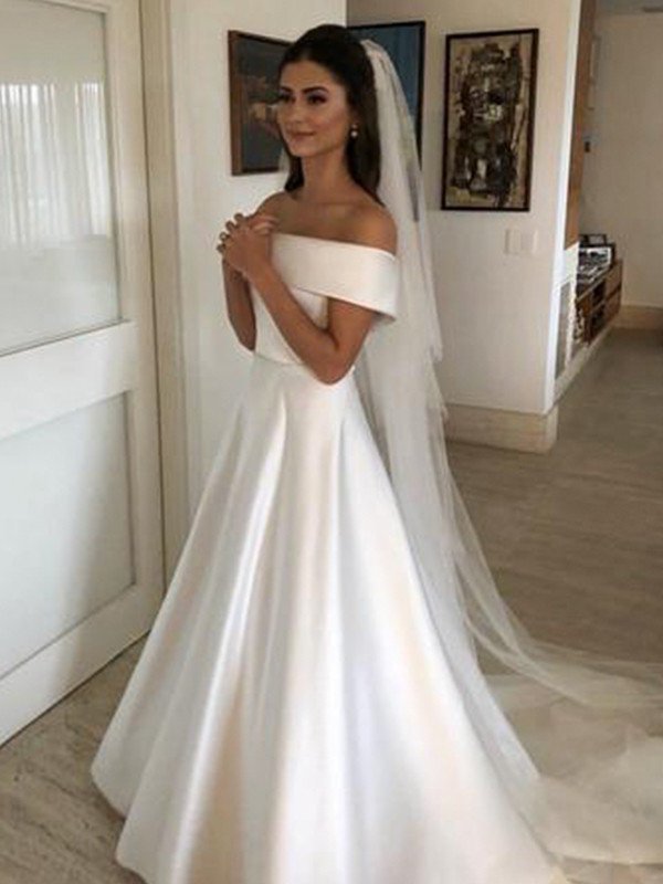 A-Line/Princess Ruffles Sleeveless Off-the-Shoulder Train Sweep/Brush Satin Wedding Dresses