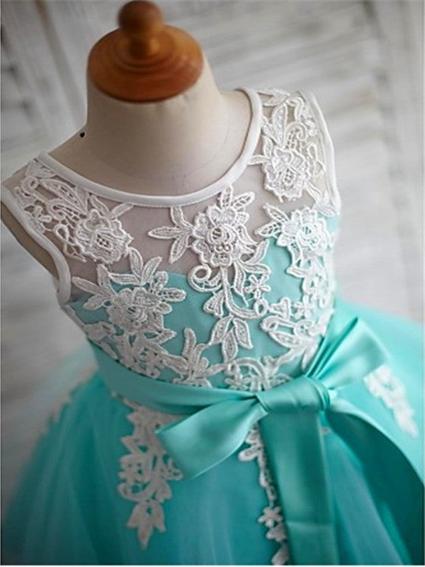 Sleeveless Knee-Length Bowknot Scoop Ball Gown Tulle Flower Girl Dresses