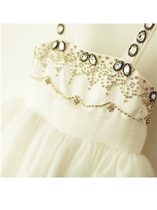 Spaghetti Straps Beading Tea-Length Sleeveless Tulle A-line/Princess Flower Girl Dresses