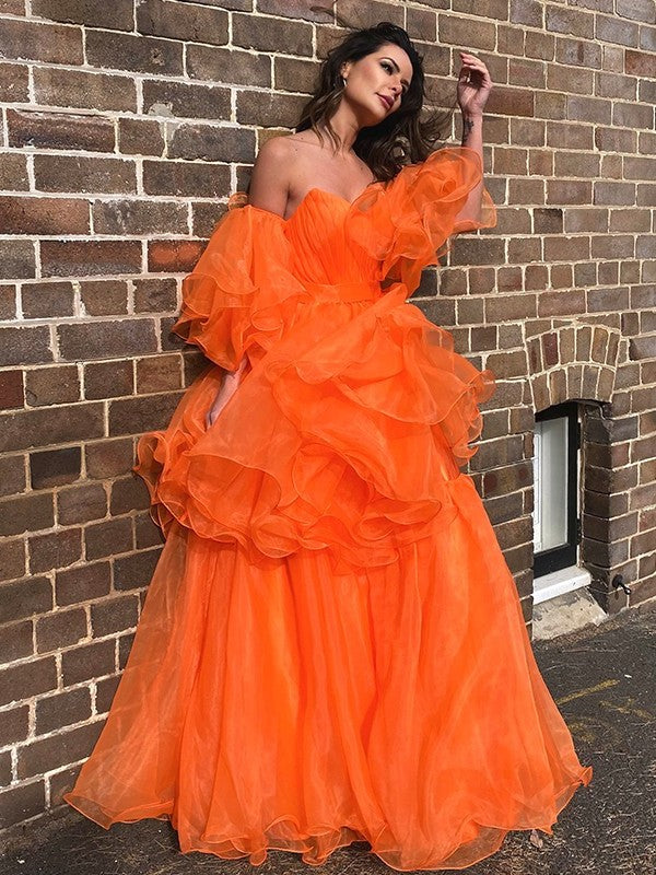 Long A-Line/Princess Off-the-Shoulder Layers Organza Sleeves Floor-Length Dresses