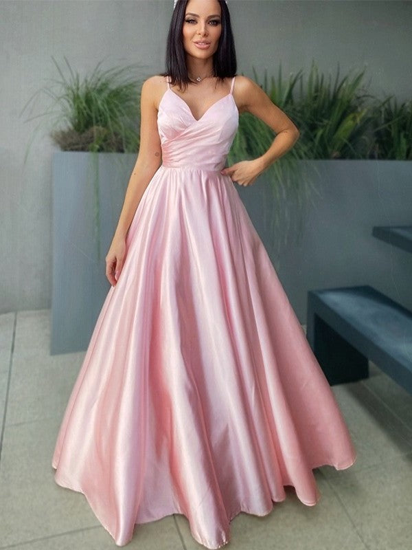 Satin V-neck A-Line/Princess Ruched Sleeveless Floor-Length Dresses