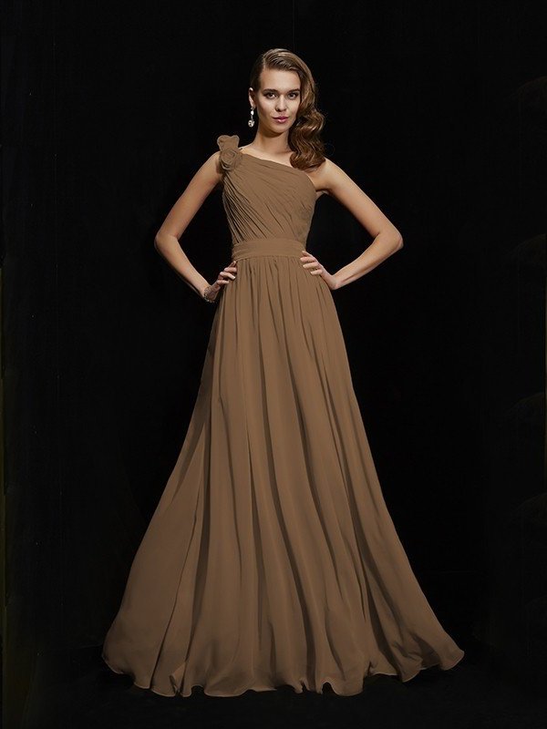 Flower Sleeveless A-Line/Princess One-Shoulder Hand-Made Long Chiffon Bridesmaid Dresses