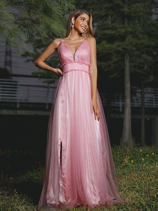 Sweep/Brush Ruffles V-neck Tulle A-Line/Princess Sleeveless Train Bridesmaid Dresses