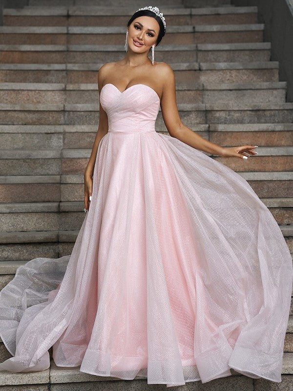 Sweep/Brush Ruffles Sleeveless Satin A-Line/Princess Sweetheart Train Wedding Dresses