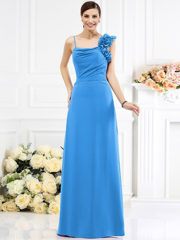 Spaghetti Hand-Made Sheath/Column Long Flower Sleeveless Straps Chiffon Bridesmaid Dresses