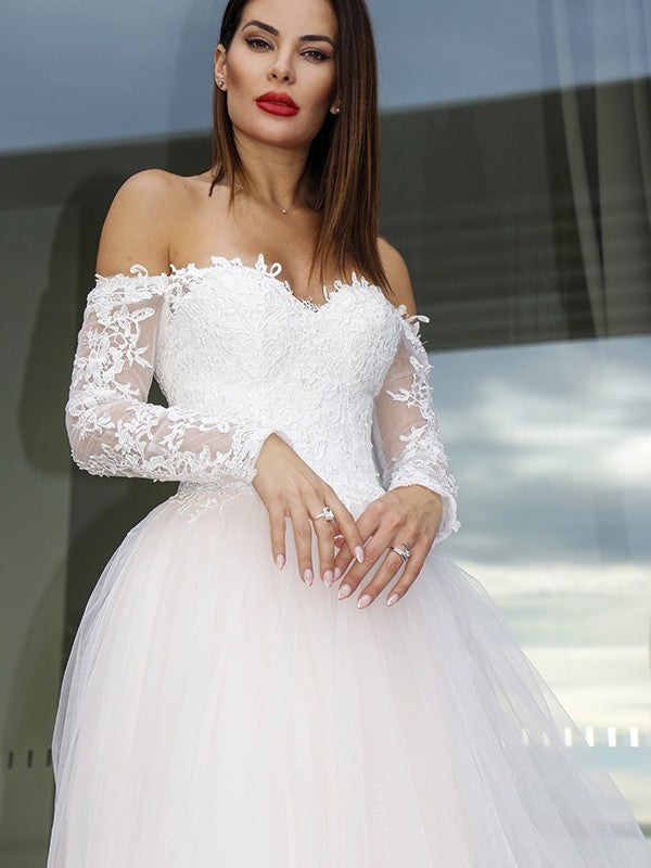 Tulle Long Sleeves Off-the-Shoulder A-Line/Princess Applique Court Train Wedding Dresses