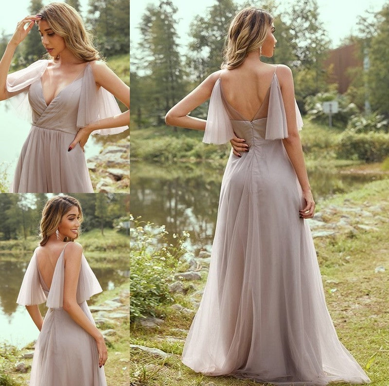 V-neck Tulle A-Line/Princess Ruffles Sleeveless Floor-Length Bridesmaid Dresses