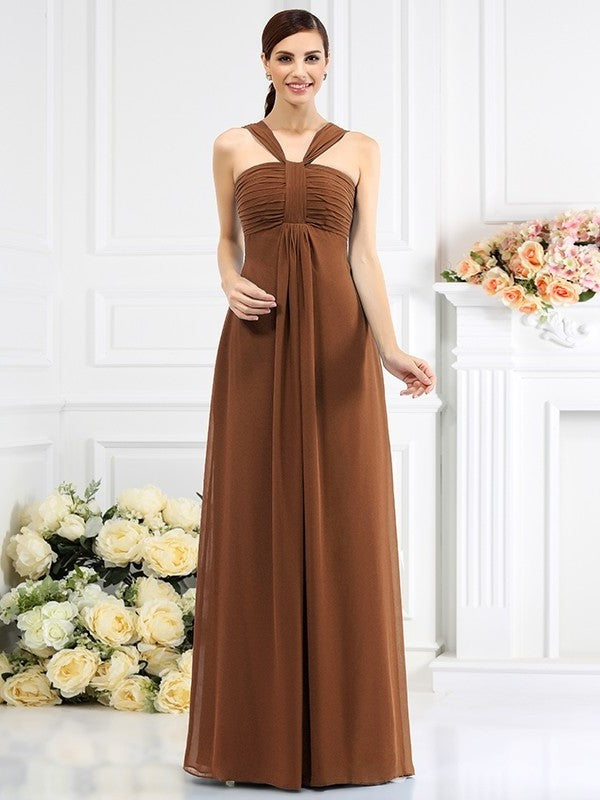 Straps Sleeveless Long A-Line/Princess Pleats Chiffon Bridesmaid Dresses