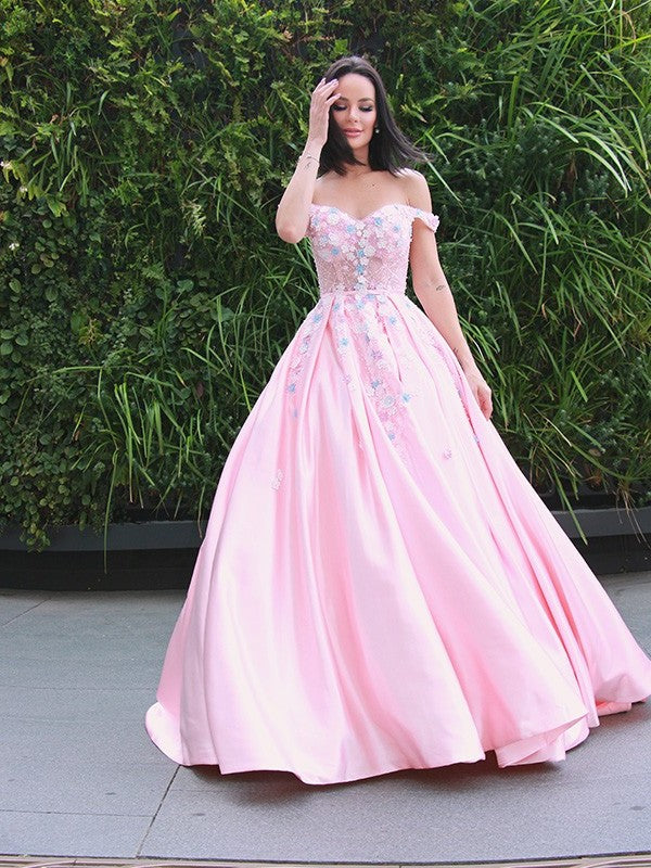 Applique Sleeveless Satin Off-the-Shoulder A-Line/Princess Sweep/Brush Train Dresses