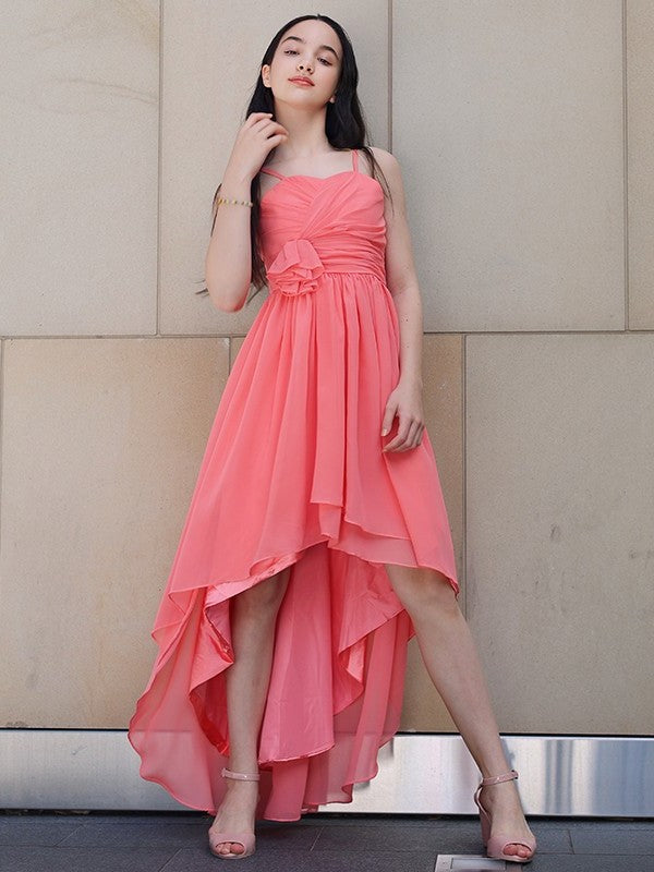 Spaghetti Ruffles Sleeveless Asymmetrical Straps Chiffon A-Line/Princess Junior/Girls Bridesmaid Dresses