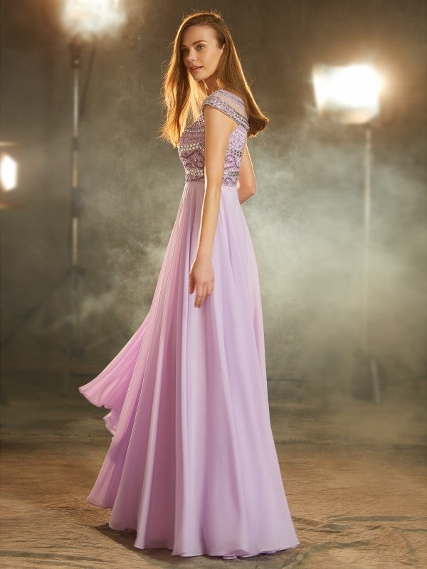 Scoop A-Line/Princess Sleeves Floor-Length Short Beading Chiffon Dresses