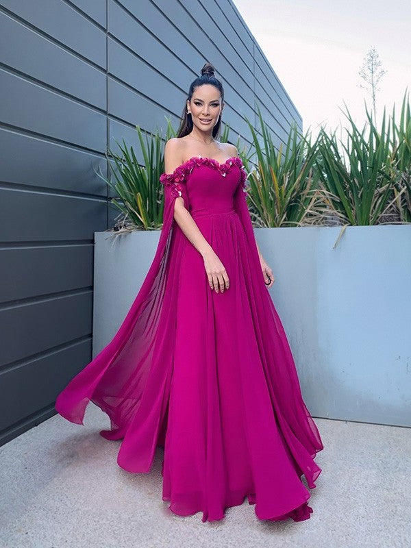 Long A-Line/Princess Sleeves Chiffon Floor-Length Ruffles Off-the-Shoulder Dresses