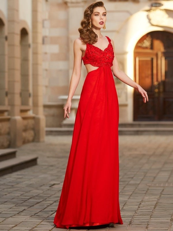 Sleeveless Straps Floor-Length A-Line/Princess Applique Chiffon Dresses