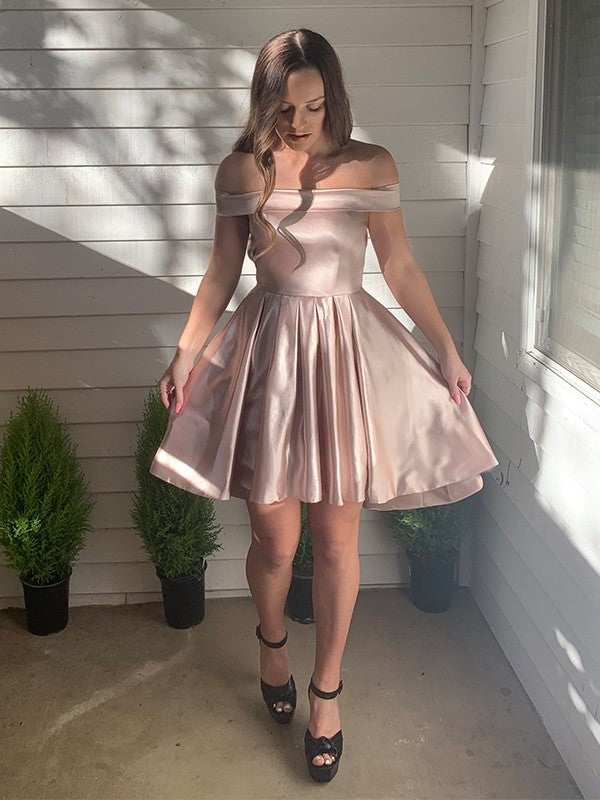 Ruffles A-Line/Princess Off-the-Shoulder Sleeveless Satin Short/Mini Homecoming Dresses